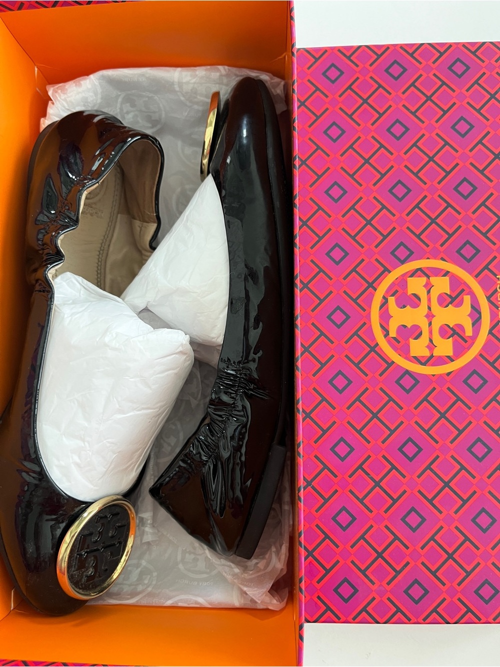 NICE Tory Burch Black Patent Leather Logo Ballet Flats Twiggie soft Womens Sz 8
